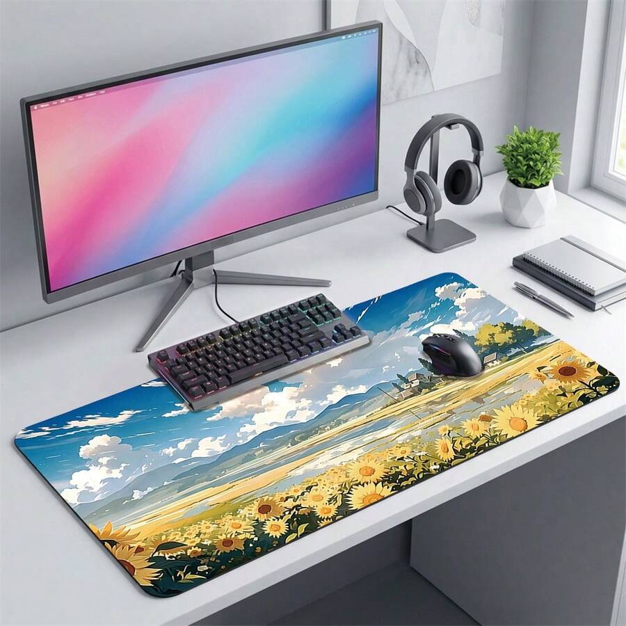 Sunflower Blue Sky White Clouds Pattern Gaming Mouse Pad, Non-Slip Rubber Desktop Mat, Smooth Sliding Surface, Suitable For Computer Laptop Office Home, Bright Abstract Art Decor, Back To School Supplies - A - View 1
