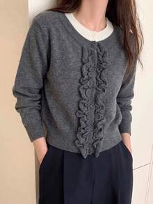 Autumn/Winter New Korean Style Round Neck Cable Knit 2 In 1 Cardigan Casual Versatile Sweater Top - Dark Grey - View 6