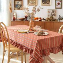 1pc French Vintage Green Plaid Fabric Ruffle Edge Tablecloth, Pleated Hem Round Tablecloth, INS Style Home Restaurant Dining Table Decor Cloth - Red - View 1