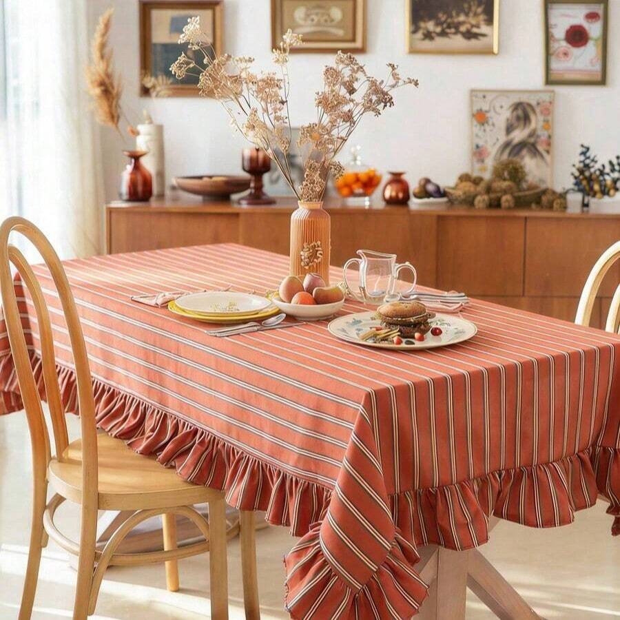 1pc French Vintage Green Plaid Fabric Ruffle Edge Tablecloth, Pleated Hem Round Tablecloth, INS Style Home Restaurant Dining Table Decor Cloth - Red - View 1