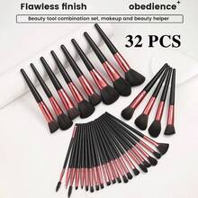 42/32 Pcs Black Rose Red All In One Makeup Tools Set,32Pcs Makeup Brushes,Rhinestone Bow Hair Claw,2Pcs Wrist Bands,Small Cleaning Brush,Silicone Cleaning Mat,3 Cushion Powder Puffs,Makeup Sponges For Daily Full Face Makeup - Multicolor - View 13