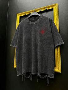 1pc Men's Vintage Halloween Element Washed Spider Print Loose Fit T-Shirt, Distressed Hem With Fringe Gothic Street Style Short Sleeve - Black - View 4