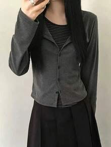 Korean Style Fashion 2-In-1 Striped Round Neck Slim Fit Top, Autumn Casual Versatile Long Sleeve Layering T-Shirt - Grey - View 3