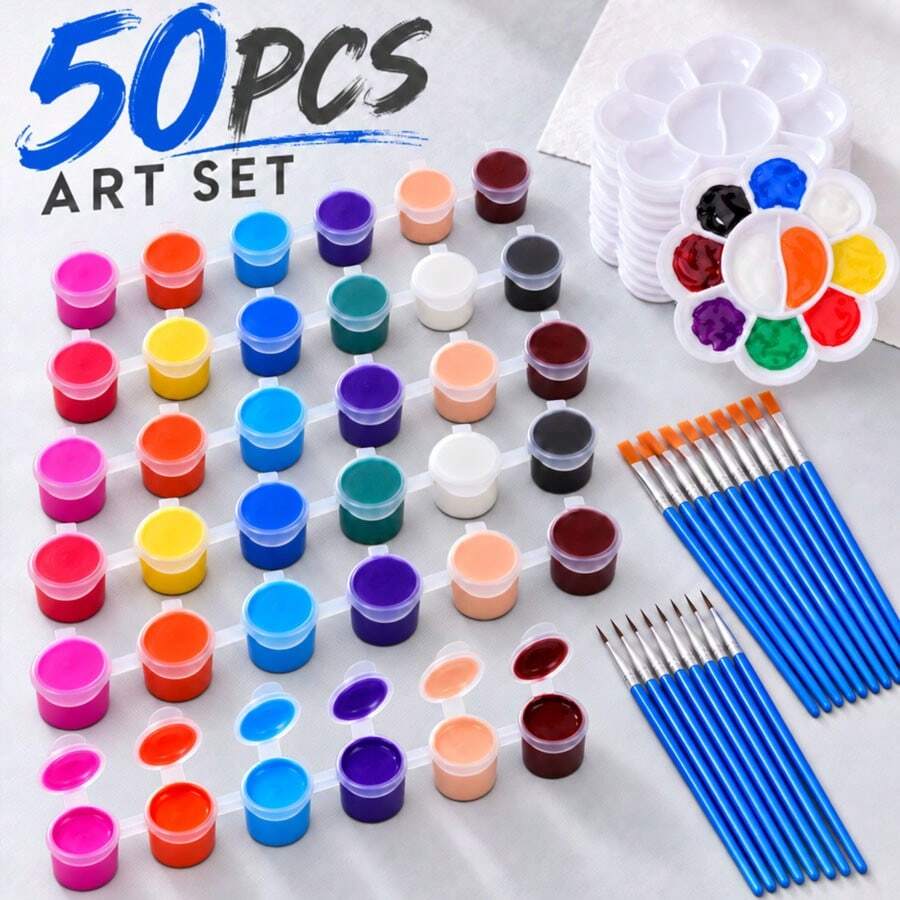 50pcs Mini Acrylic Paint Set – 12 Color Paint Tubes, Includes Brushes And Palette, Suitable For Teens And Adults, Ideal For Home, School, Birthday, Classroom Art Projects And Back To School Supplies. - Multi-color - View 1