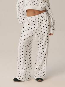 Women's Polka Dot Wide Leg Sweatpants, Elastic Drawstring Waist, Side Pockets, Casual Jogging Pants Bottoms - Beige - View 8