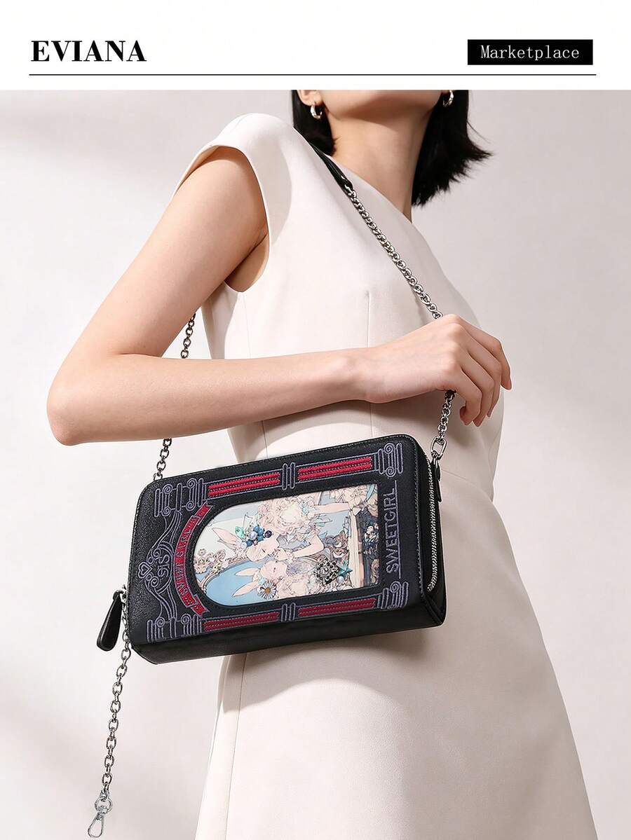 Dompet Panjang Wanita Modis Retro Lucu Motif Kelinci 2026, Dompet Clutch dengan Ilustrasi Bordir dan Resleting, Dompet Gaya Feminin dengan Banyak Slot Kartu dan Rantai, Dompet Panjang Selempang Satu Bahu, PU