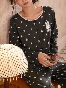 Gongdie Bộ đồ ngủ nữ Miffy 2 món mùa thu màu xám, chất modal cotton mềm, đồ mặc nhà có viền hồng và túi - Màu xám đen - Xem 6