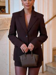 Women's Classic Notch Lapel Blazer, Versatile Solid Color Office Suit Jacket, Autumn/Winter Commute Casual Solid Color Single-Breasted Waist-Cinching Blazer - Coffee Brown - View 3