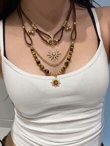 2pcs Sunflower Necklace Set, Tiger Eye Beaded Chain, Rhinestone Star & Sun Pendant With Leather Cord, Bohemian Vintage Style, Women's Autumn Daily Gift - Gold - View 3