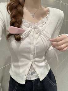 秋冬極簡性感蕾絲拼接鈕扣修身 2 合 1 長袖打底 T-Shirt 上衣 - 白色 - 查看 2
