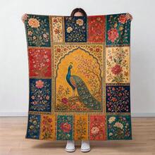 قطعة واحدة بطانية بنمط طباعة زهور الطاووس الفارسي العتيق، بطانية مطبوعة من الفلانيل على جانب واحد، مثالية للعطلات وأعياد الميلاد والأريكة وديكور المنزل - متعدد الألوان - مشاهدة 7