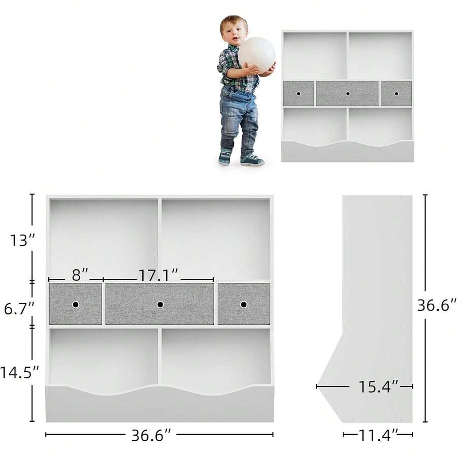 Organizador de Almacenamiento de Juguetes para niños con estantería, estantería para niños, Unidad de Almacenamiento para contenedores con 7 Compartimentos y 3 cajones extraíbles para - Blanco - Ver 1