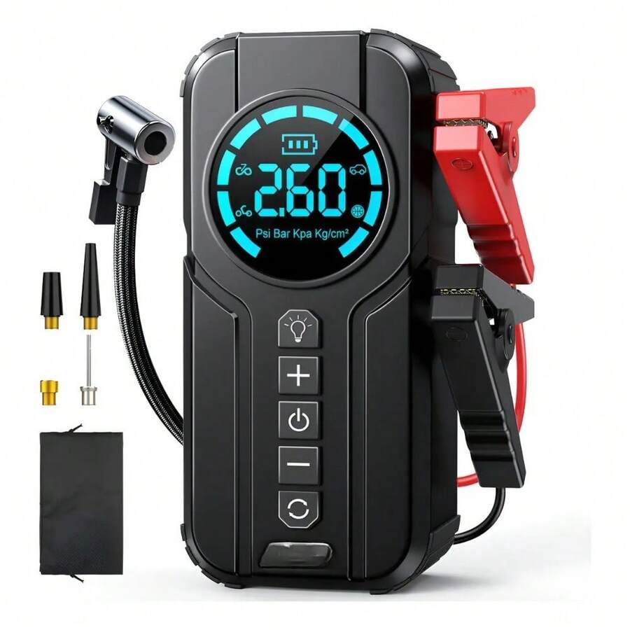 Arrancador de Batería para Auto Portátil con Compresor de Aire 150 PSI, Inflador de Neumáticos con Pantalla Digital LED y Linterna, Cargador de Emergencia Multifunción para Coche y Moto - Negro/Gris - Ver 1
