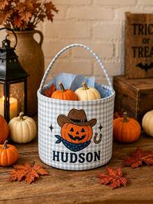 Personalized Plaid Halloween Basket, Customized Halloween Trick Or Treat Bag - Multicolor - View 4