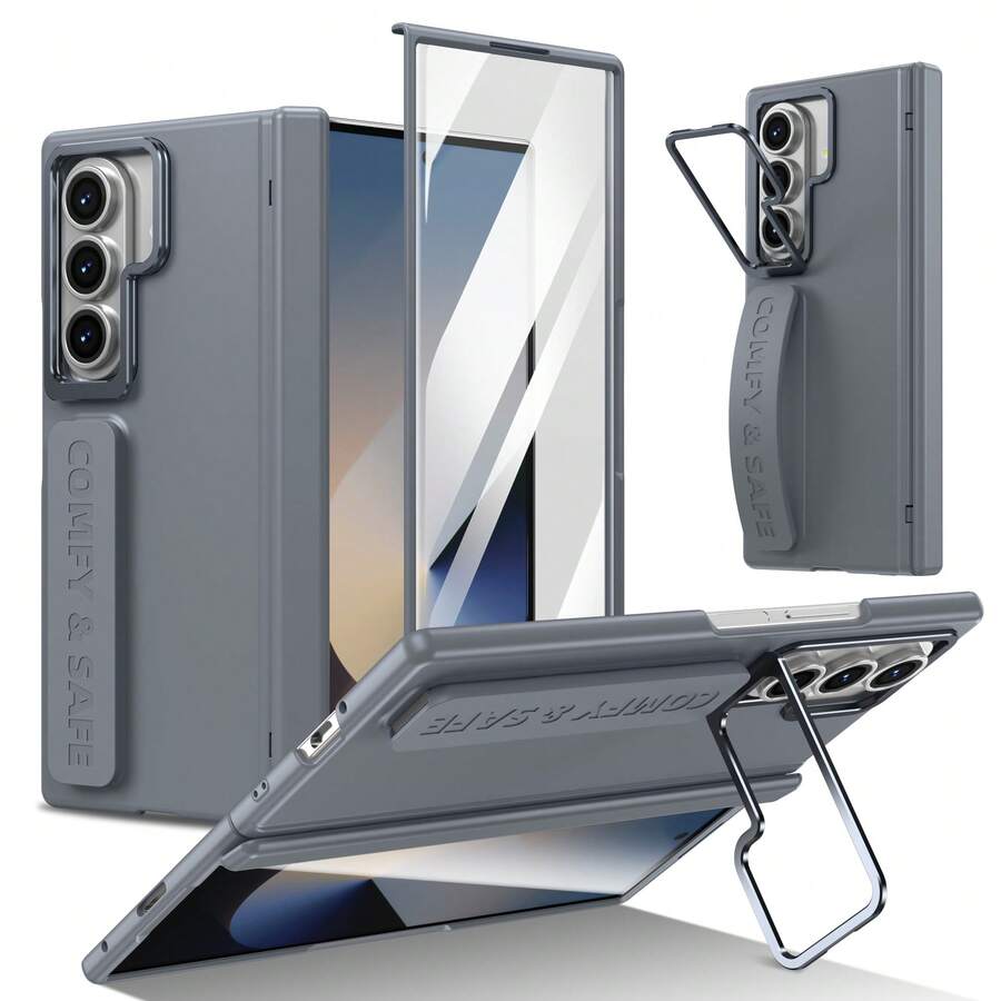 VIETAO 時尚設計相機支架手機殼,適用於 Galaxy Z Fold 4 5 6 7 8 Ultra,便攜式腕帶手機保護殼,兼容 Duo - 灰色 - 查看 1
