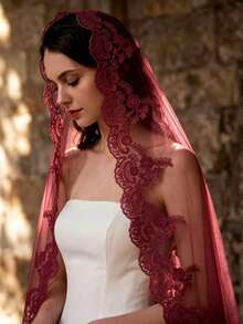 A Burgundy Lace Wedding Veil With A Comb, Vintage And Elegant, Face-Covering, Wedding Accessory, Suitable For Middle Eastern Weddings And Halloween - Multicolor - View 9