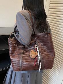 NicekeeMinimally Woven Texture Tote Bag, Paired With Teddy Bear Tassel Pendant, Korean Style, Suitable For Casual Dating, Shopping, Work And Commuting - Coffee - View 6