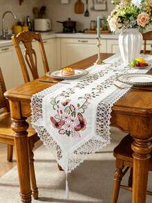 1pc 100% Polyester Butterfly Floral Embroidered Table Runner, White Lace Trim Table Runner With Tassel, European Style Dining Table Decor For Home Wedding Party - White - View 1