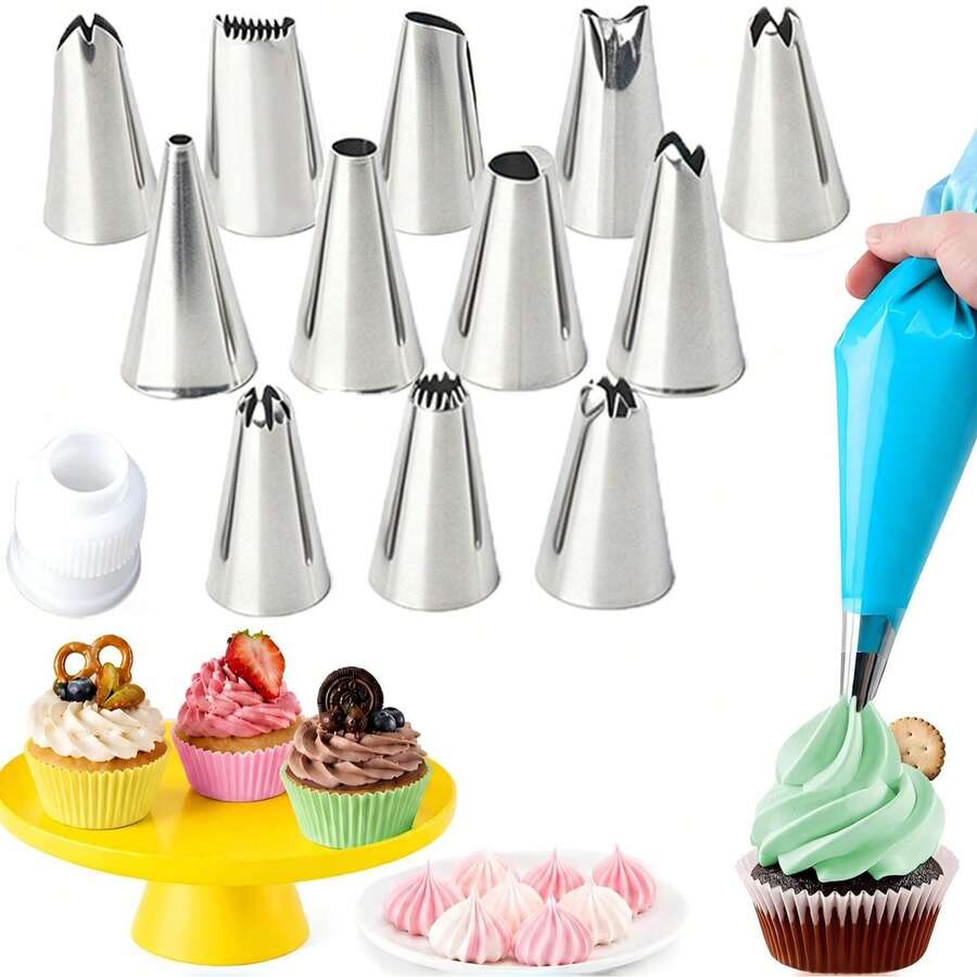 12pcs Piping Tips Bag + 1pc White Connector Stainless Steel Multi-Pattern Piping Tip Set With Converter Home Baking Cake Cupcake Cream Piping Tools Multi-Size Extrusion Tips Cookies Macarons DIY Dessert Decoration Baking Accessories Full Set