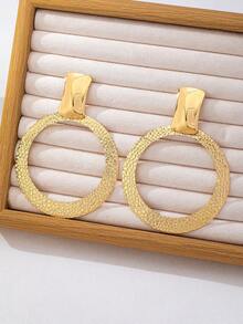 1pc Gold Metal Asymmetrical Square Metal Patch Hammered Embossed Texture Round Dangle Earrings Exaggerated Elegant Suitable For Vacation Party Daily Jewelry - Yellow Gold - View 5