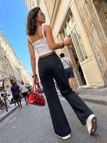 Elegant Cherry Embroidery Fashion Delicate Pocket Button Solid Color Pants, A Slightly Small Size Fall Casual Black - Black - View 3