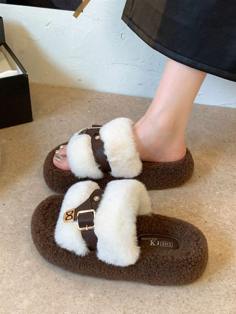 Women's New Winter Thick Sole Fuzzy Slippers, Outdoor Wear Autumn Fairy Style Slouchy Height Increasing Home Indoor Office Slippers Spring & Autumn - Beige - View 1