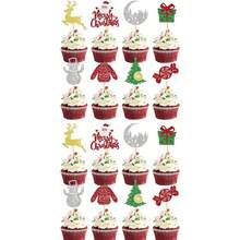 1Pc/16pcs Christmas Cake Topper Merry Christmas Cake Decorations With Santa, Reindeer, Snowman, Christmas Tree, Gift Box And Candy Designs, Red Green Gold Glitter Cake Picks For Holiday Party Supplies - Multicolor - View 6