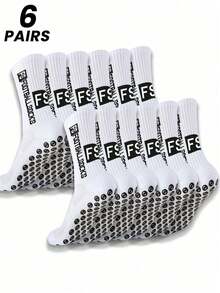 6 Pairs Men's Soccer Socks, Short Thickened Terry Cloth Low-Cut High-Cut Couple Non-Slip Socks, Mid-Calf Athletic Socks, Durable, Autumn Socks - White - View 1