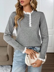 Atasan Rajut Wanita dengan Patchwork Renda untuk Musim Gugur/Dingin - Grey - View 5