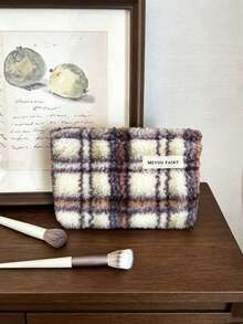 1pc Retro Casual, Fleece, Rectangular Pouch, Striped Plaid Print, Label & Zipper Detail, Holds Cosmetics & Small Items, Makeup Bag, Storage Pouch, For Daily Use, Trips, Autumn Winter & Holiday Occasions,Makeup Bag - Multicolor - View 9