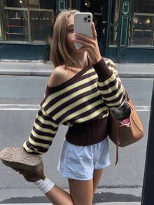 Women's Autumn/Winter Casual Striped Color-Block Asymmetrical Shoulder Loose Top & Tight Bottom Fashion Sweater - Multicolor - View 8