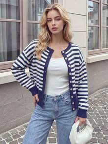 Women's Soft Knit Striped Faux Wrap Cardigan Style Sweater, Round Neck Faux Button Detail Ribbed Hem Short Knit Top - Navy Blue - View 1
