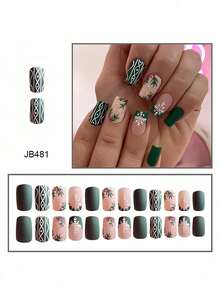 24pcs Medium Square False Nails, Christmas Snowflake Striped Matte Press-On Nails, Full Coverage Removable Nail Set, Perfect For Ladies' Parties, Dances, And Everyday Wear - Army Green - View 2