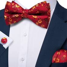 5Pcs Men Formal Bow Tie Set Red Tiny Floral Jacquard Pattern Pocket Square Cufflinks Ring Boutonniere Cufflinks Pattern Random - Red - View 5