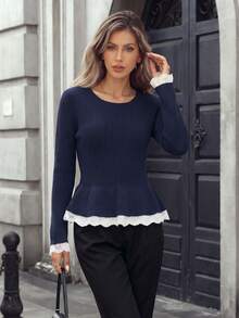 Women's Ribbed Knit Ruffle Hem Sweater, Contrast Lace Trim, Autumn/Winter Long Sleeve Flared Hem Pullover - Royal Blue - View 8