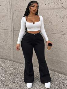 Plus Size Denim Flare Pants With Zipper Decor, Long Length, Mid-Stretch Y2K Style Women's Bottoms - Black - View 8
