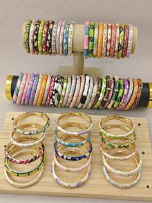 KASHIDAN 6pcs Random Color & Style Enamel Hinged Bangles, Gold-Plated Bracelets For Women, Suitable For Daily Wear, Elegant Gift For Women And Girls - Multicolor - View 3