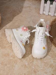 Autumn/Winter Sweet Floral Girls' Boots, Thermal Lined, Soft Sole, Anti-Slip, Stylish White Princess Ankle Boots - White - View 8