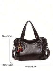 Cherry Charm & Metal Rivet Accented Tote Bag With Reinforced Wide Handle And Detachable Crossbody Strap, Dual-Use Handheld & Shoulder Bag, Multi-Layer Storage, Zipper Closure, Vintage Motorcycle Style, Large Capacity Soft Bag For Women, Versatile For Shopping - Coffee - View 2