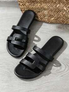Women's Open Toe Flat Slide Sandals, Minimalist Wide Strap Casual Slippers, Summer Outdoor Wear, Non-Slip - Black - View 5
