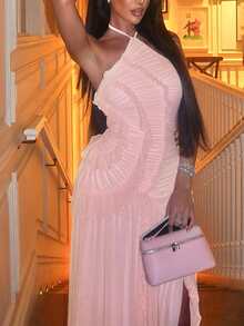 Chic Pink Knitted Halter Long Dress With Backless Detail Pleated & Ruched For A Slinky, Elegant Party Look - Pink - View 3