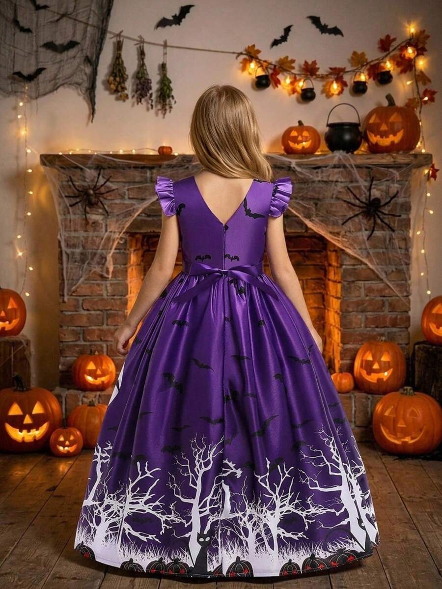 Tween Girl Halloween Series Pattern Satin Princess Dress, Holiday Party Dress Suitable For Gatherings And Balls, Fabric Pattern Randomly Cut, Does Not Include Hat And Headband - Purple - View 1