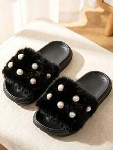 1 Pair Winter Girls Fashion Faux Pearl Style Home Slippers, EVA Ultra-Light Sole Design, Slip-On Home Slippers, Easy To Put On And Take Off - Black - View 4