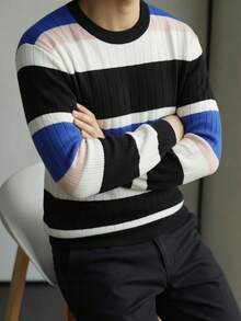 ZYNTH BALENO Men's Fashion Autumn/Winter Striped Crew Neck Long Sleeve Sweater, Suitable For Gym Workout Sports - Blue - View 1