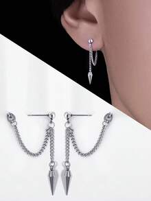 1 Pair Men's Full Stainless Steel Bullet Head Pendant Front & Back Style Chain Stud Earrings, Hypoallergenic Punk Style - Silver - View 1