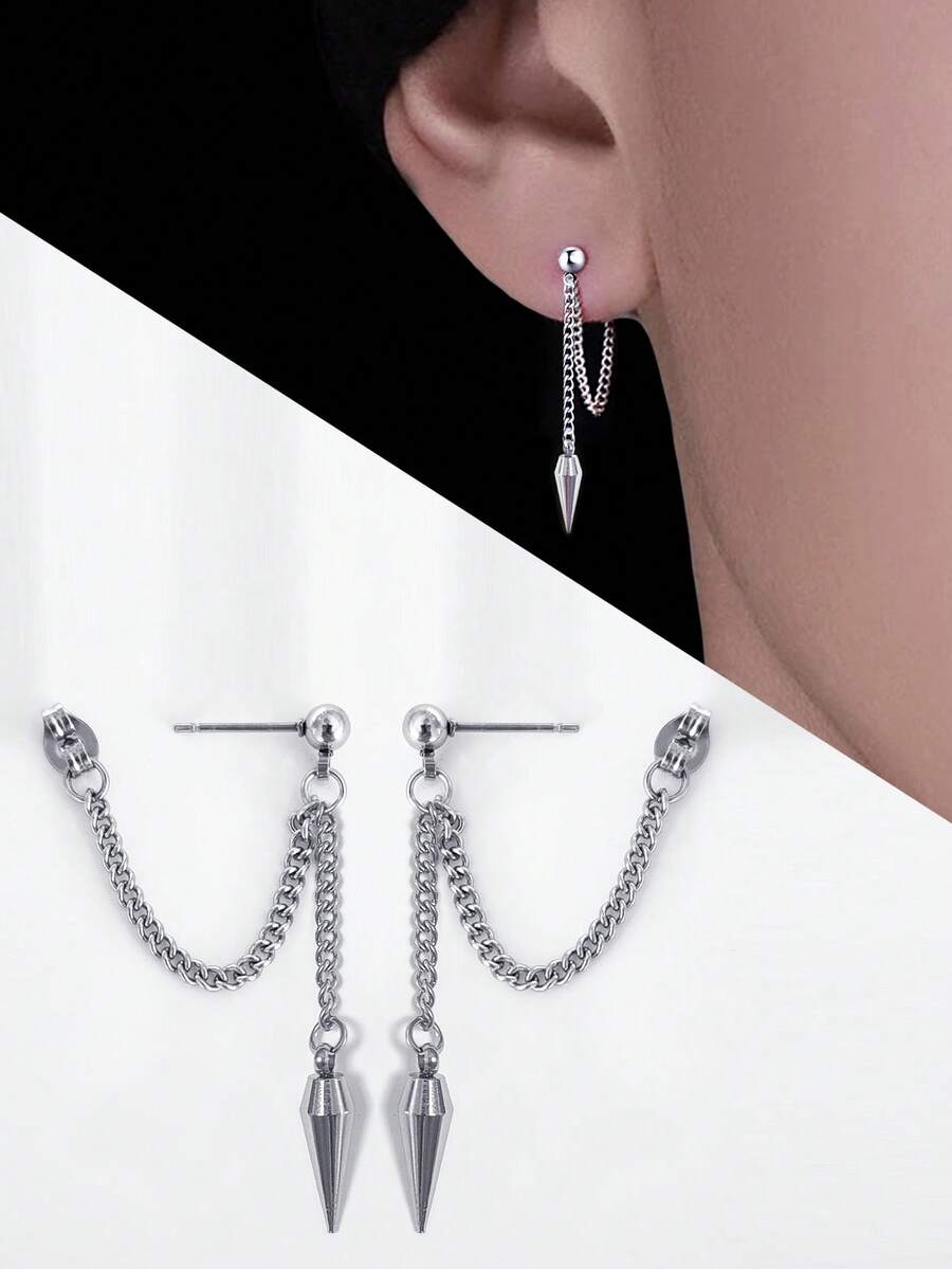 1 Pair Men's Full Stainless Steel Bullet Head Pendant Front & Back ...