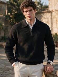Men's Autumn/Winter Polo Collar Zip-Up Ribbed Polo Shirt, Slim Fit Long Sleeve Suitable For Office And Daily Wear - Black - View 1