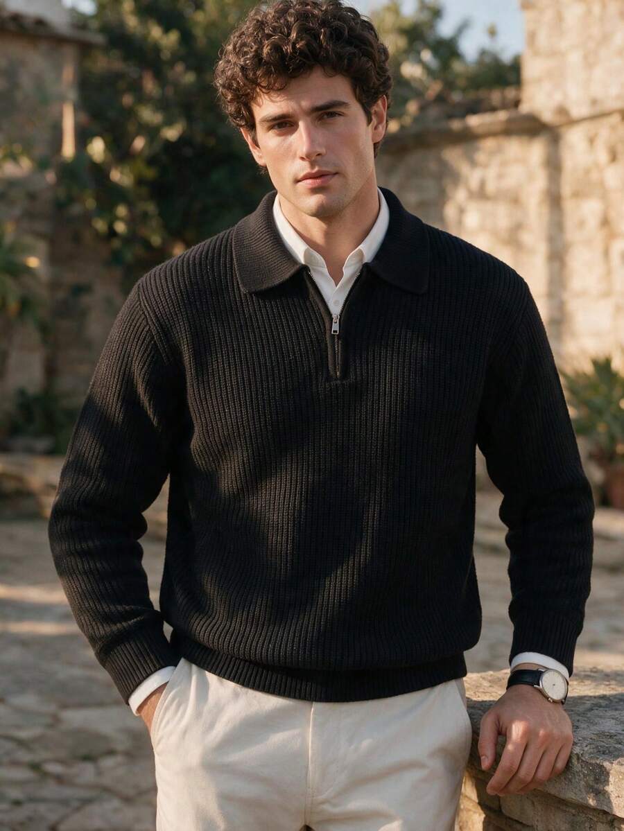 Men's Autumn/Winter Polo Collar Zip-Up Ribbed Polo Shirt, Slim Fit Long Sleeve Suitable For Office And Daily Wear - Black - View 1
