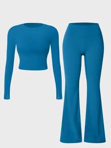 NcmRyu Women's One Set Solid Color Thumbhole Short Long Sleeve Flare Pants Sports Outfit - Blue - View 4