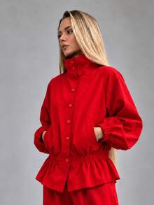 Women's Red Polyester Stand Collar Long Sleeve Jacket With Ruffle And Pocket Details, Non-Stretch Regular Fit - Red - View 5